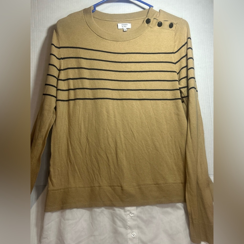 Crown & Ivy Striped Layered Sweatshirt Top (Brown/Black/White) - One Piece
